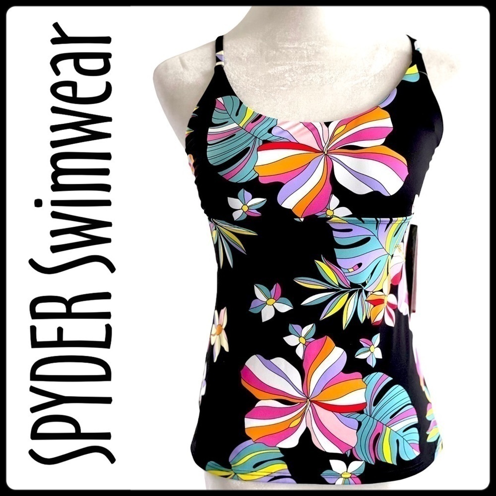 SPYDER Black Floral Cross-Back Tankini Top